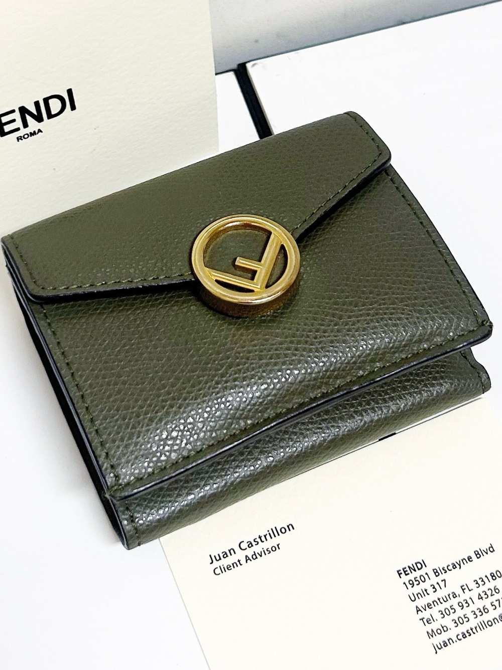 Authentic FENDi Khaki Leather F is for Fendi Compact Wallet